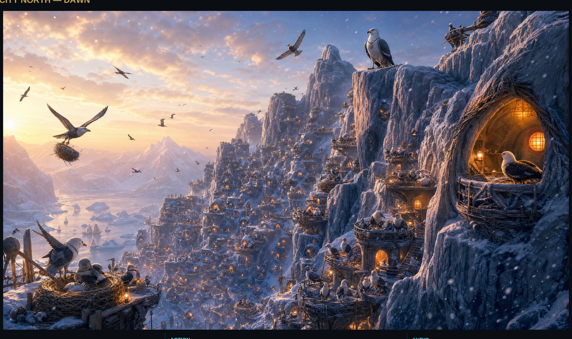 Snow Birds — Panel 01: Nest City North at Dawn