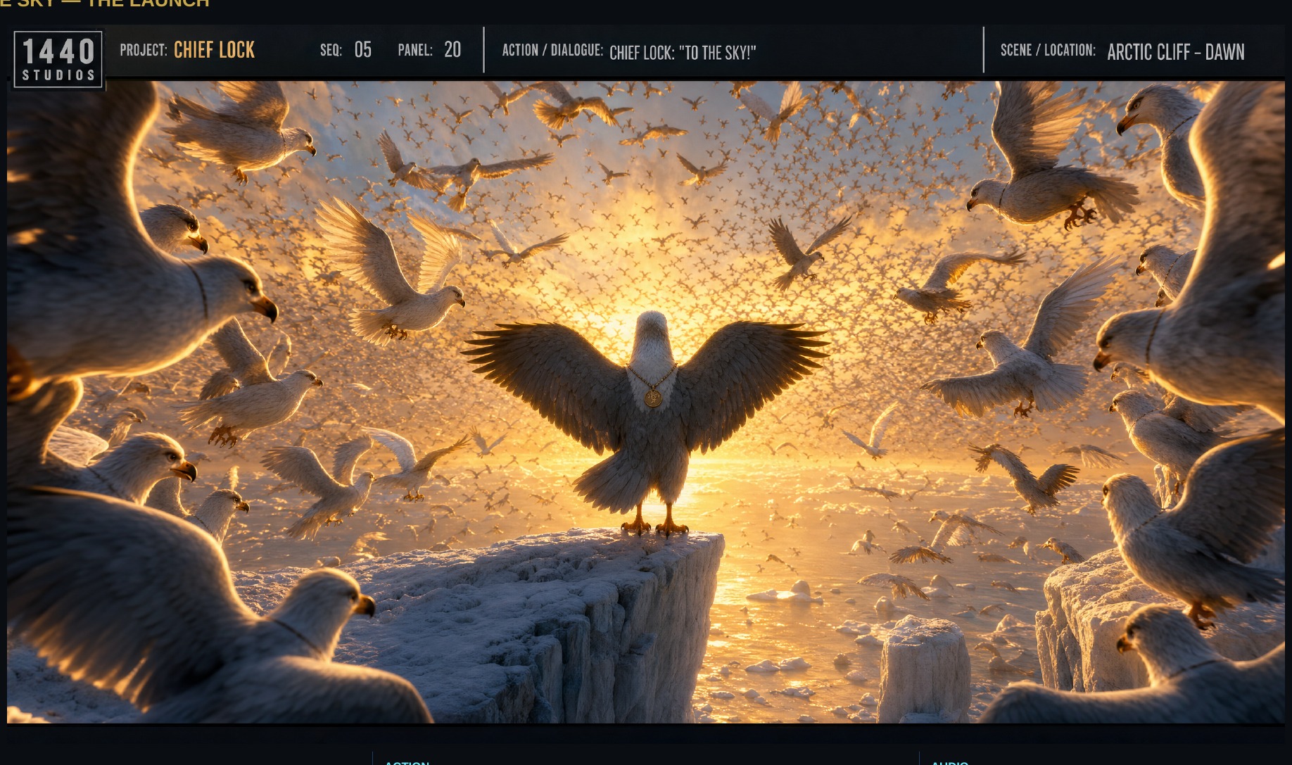 Snow Birds — Panel 12: To the Sky — epic flock launch